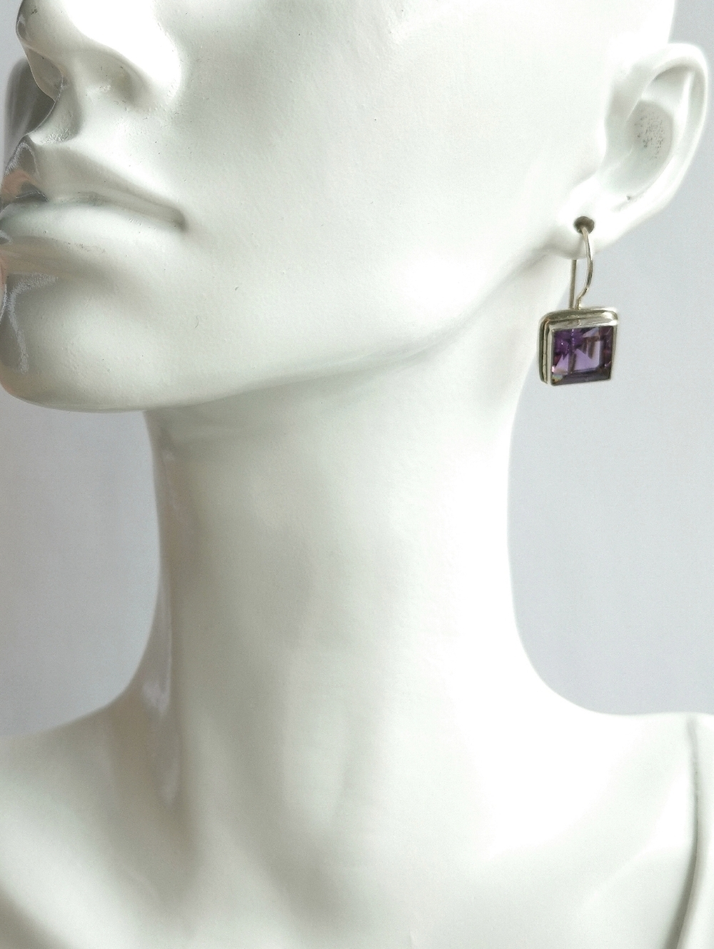 Modernist square cut Amethyst sterling silver drop earrings 🆕 - Picture 2 of 6
